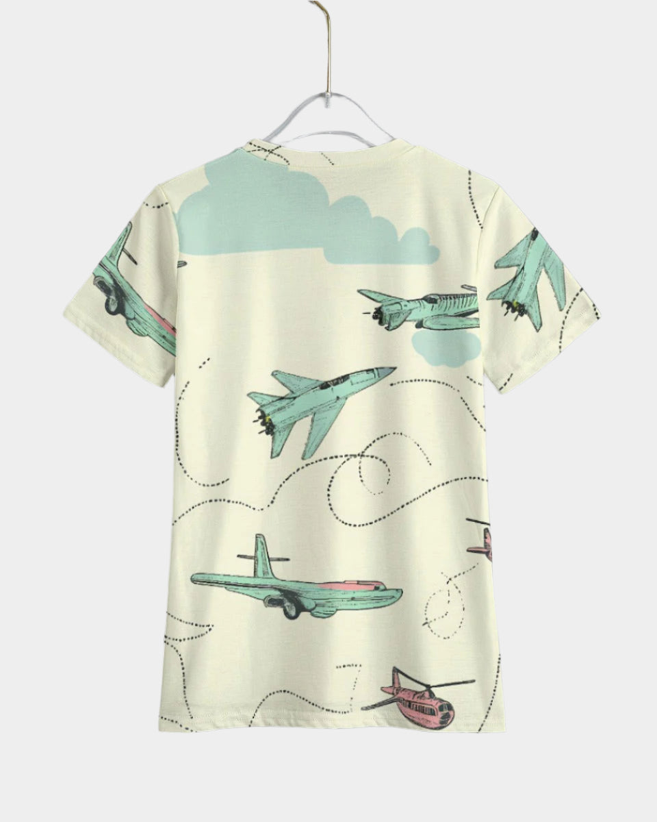Eco-friendly Kids Short Sleeve T-Shirt by Riff Haus with Airplane Retro Wave Print