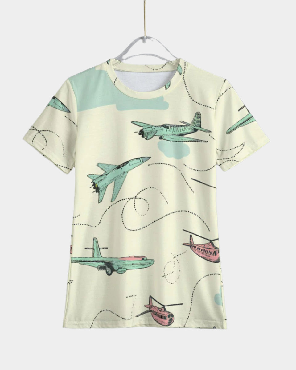 Eco-friendly Kids Short Sleeve T-Shirt by Riff Haus with Airplane Retro Wave Print