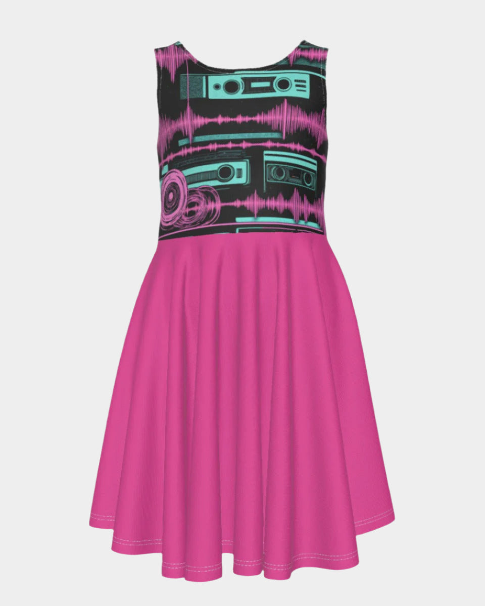 Riff Haus Kids Sleeveless Vest Dress with Retrowave Tape Print for Summer Style