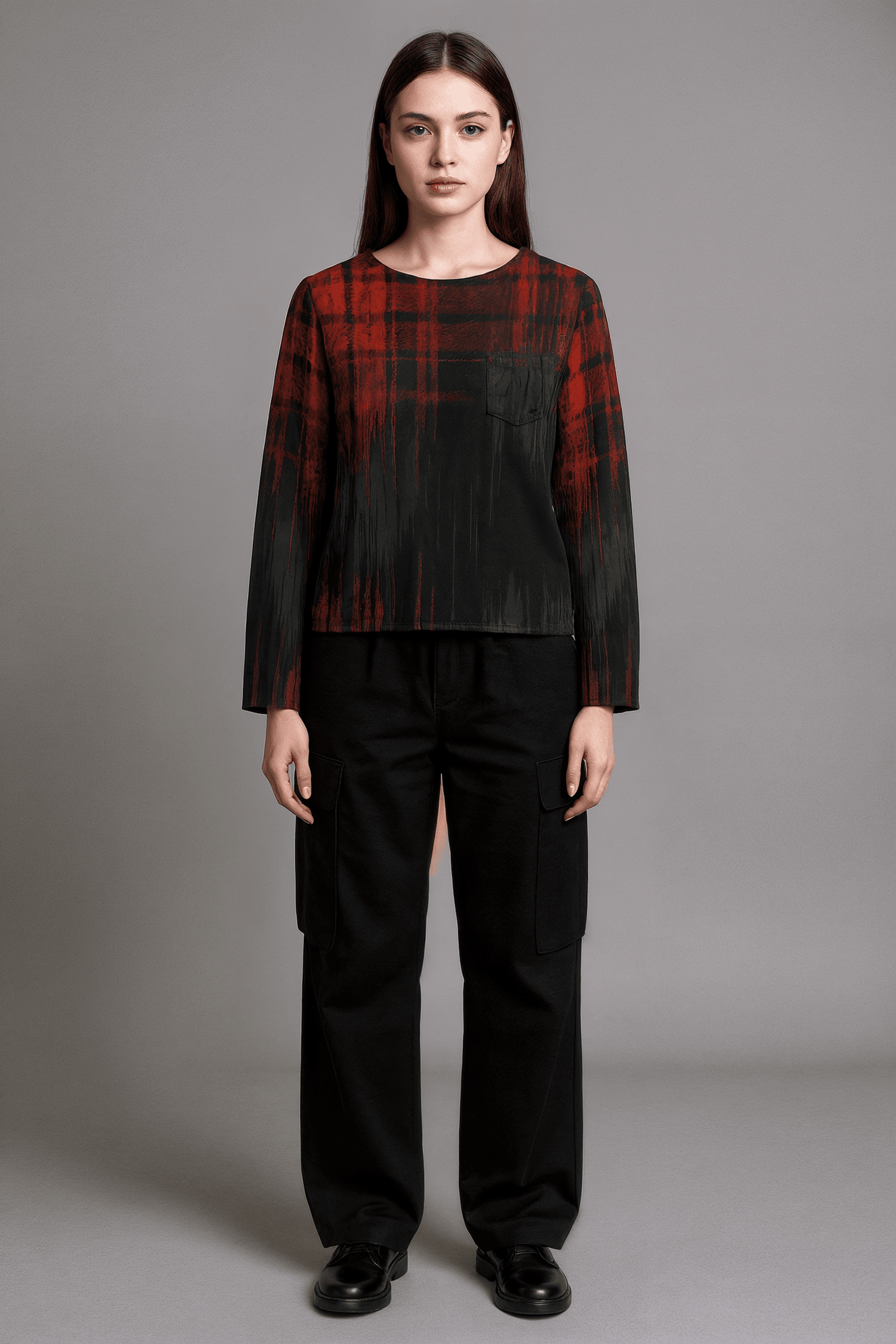 PLAID COLLAPSED RED by Riffhaus – Boat Neckline Heavy Cotton Sweatshirt with Chest Pocket | Unisex Grunge Plaid Streetwear - Sofia Isella Riff