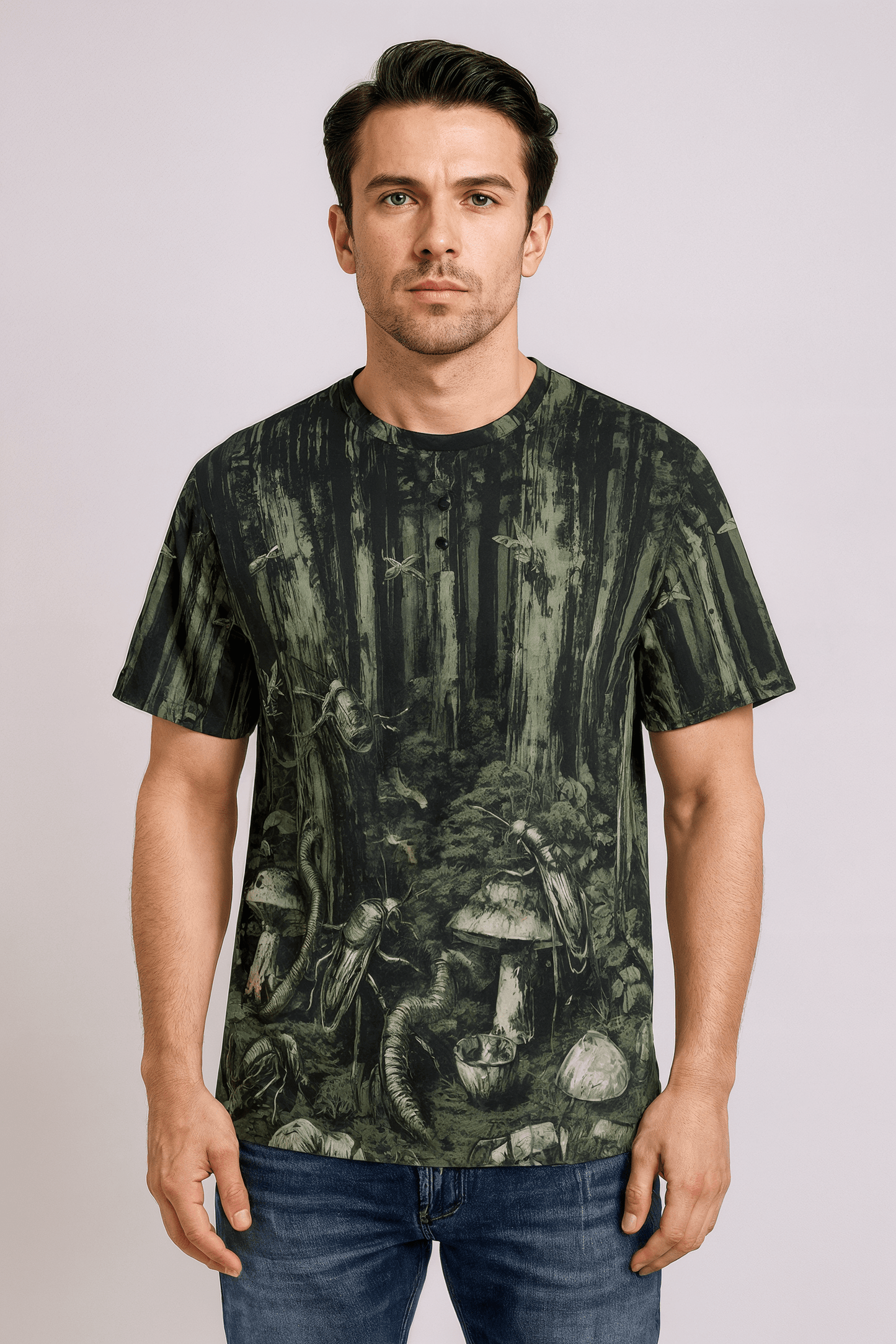 DEEP FOREST by Riffhaus - Men's Short Sleeve T-shirt With Button Closure - Sofia Isella Riff