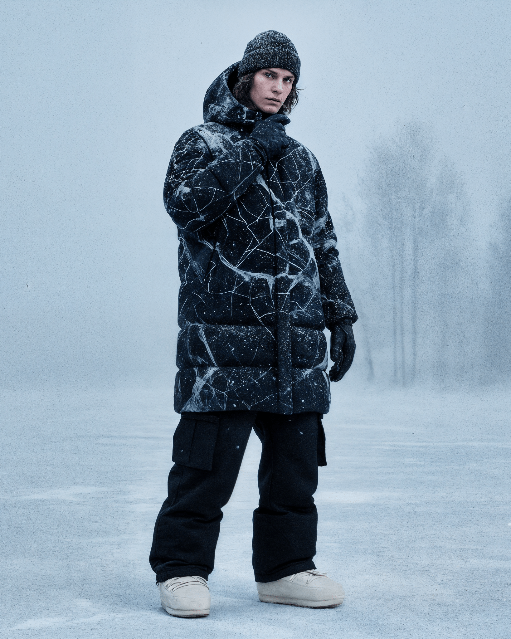 SHATTERED by Riffhaus -Unisex Long Down Jacket - Aurora Frozen Riff