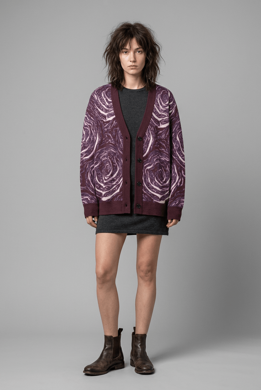 Maroon cabbage leaf jacquard cardigan with V-neck and black buttons worn by model