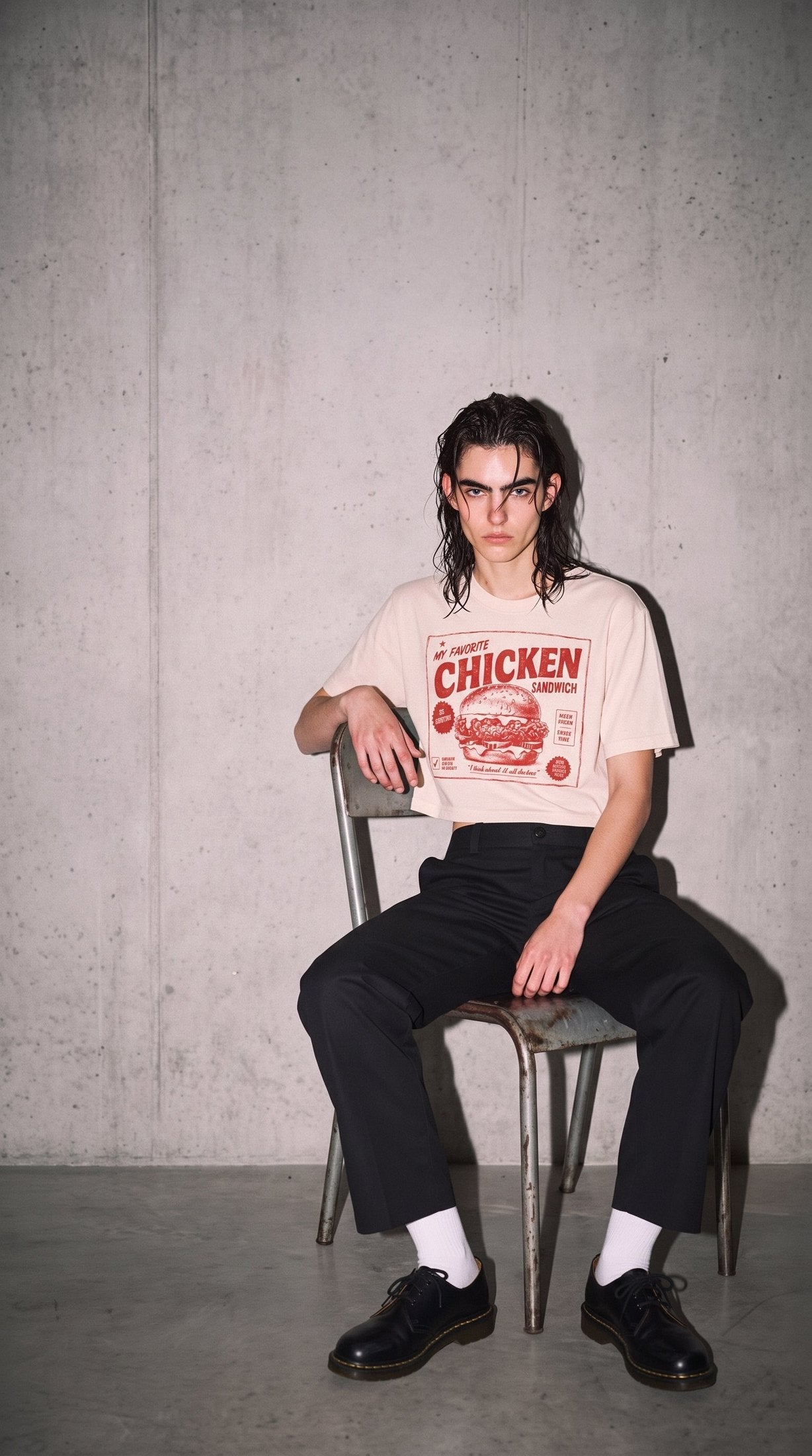 Warm cream cropped boxy t-shirt with distressed red chicken sandwich graphic