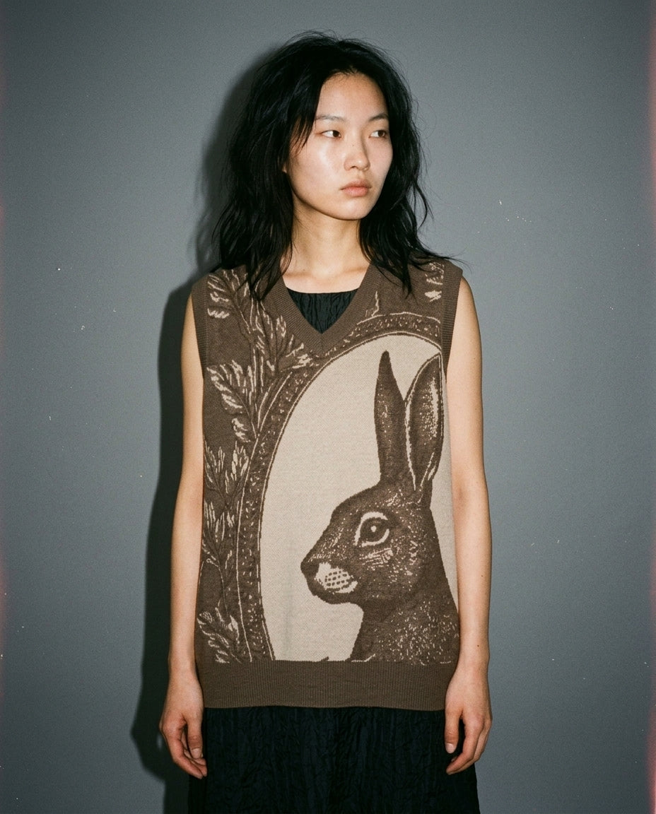 Woman wearing brown V-neck jacquard vest featuring rabbit head design