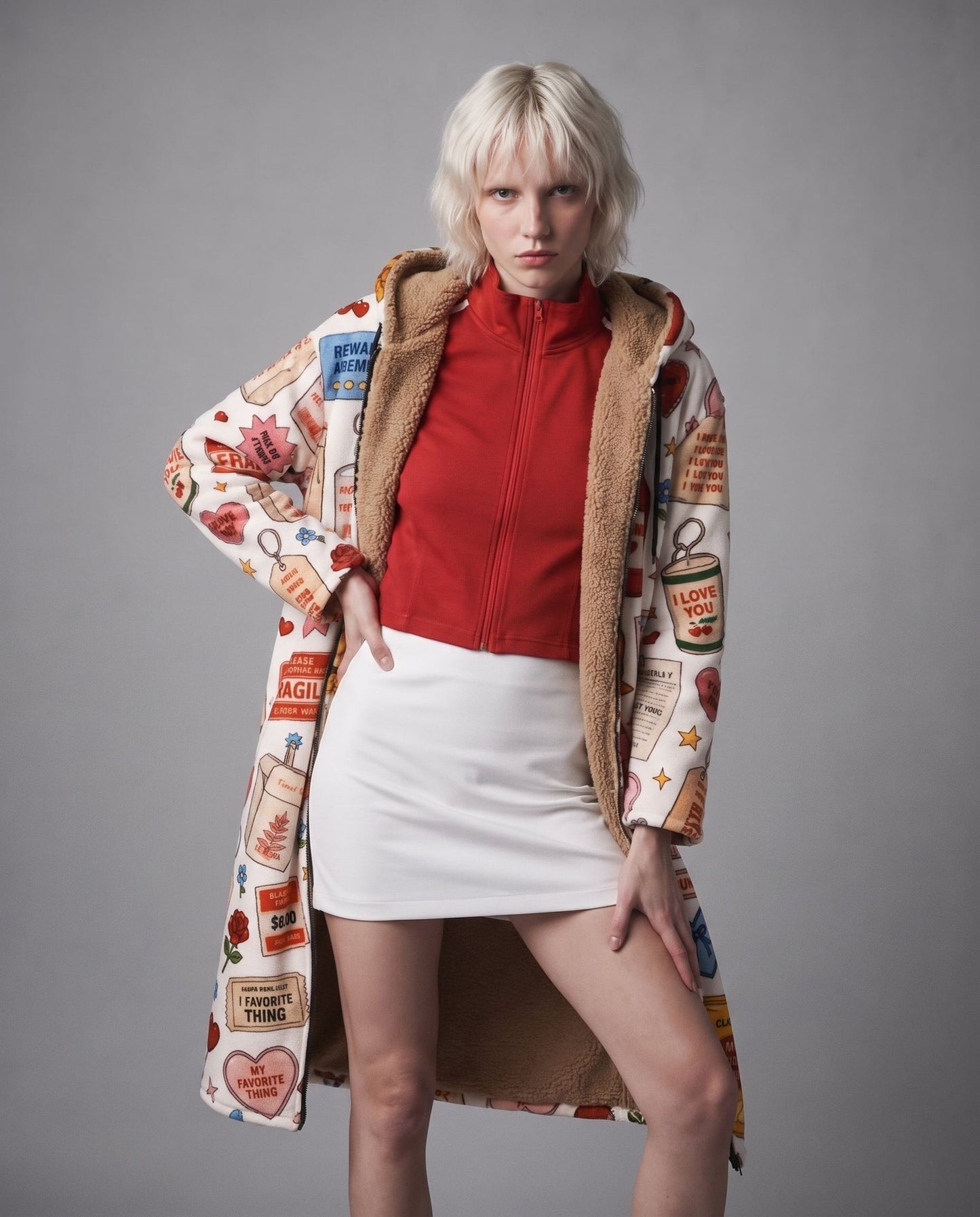 White graphic print fleece-lined zip coat with brown borg interior and retro icons