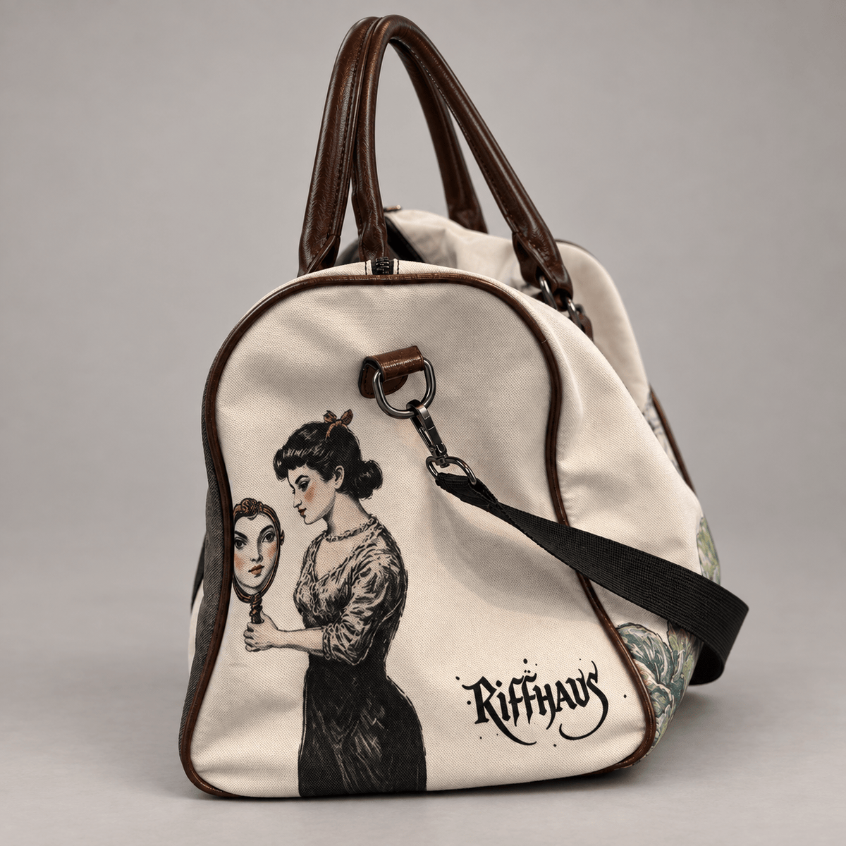 SNOW WHITE soft canvas duffle side panel with RIFFHAUS logo