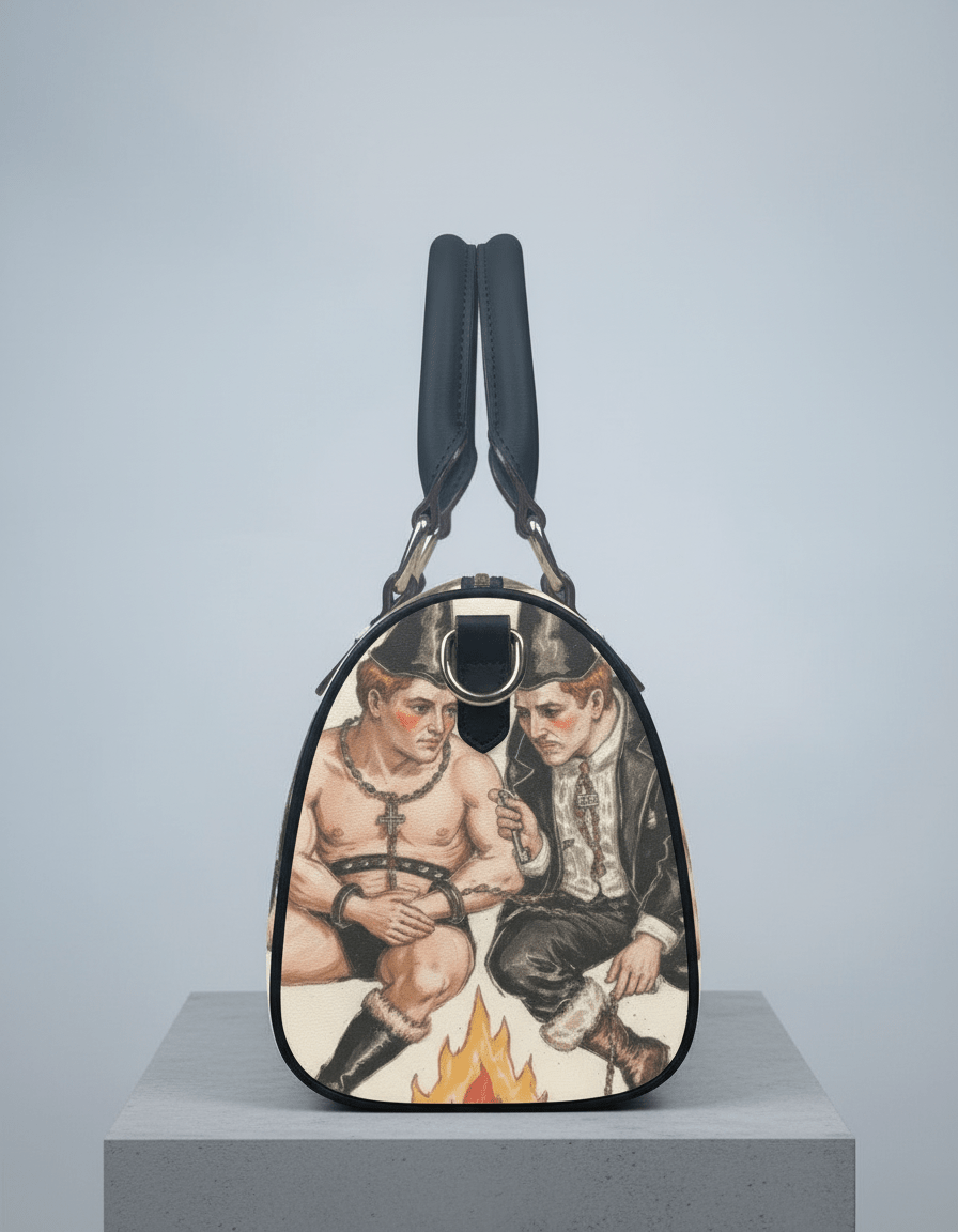 Back view of white barrel bag featuring two men in conical hats near fire art