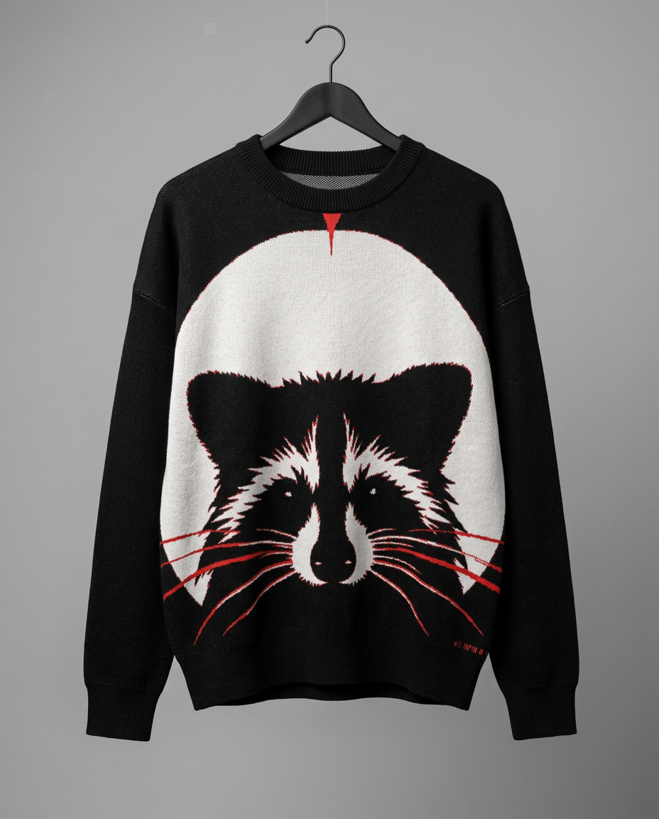 Black knitted sweater flat lay with centered raccoon print and Riffhaus logo