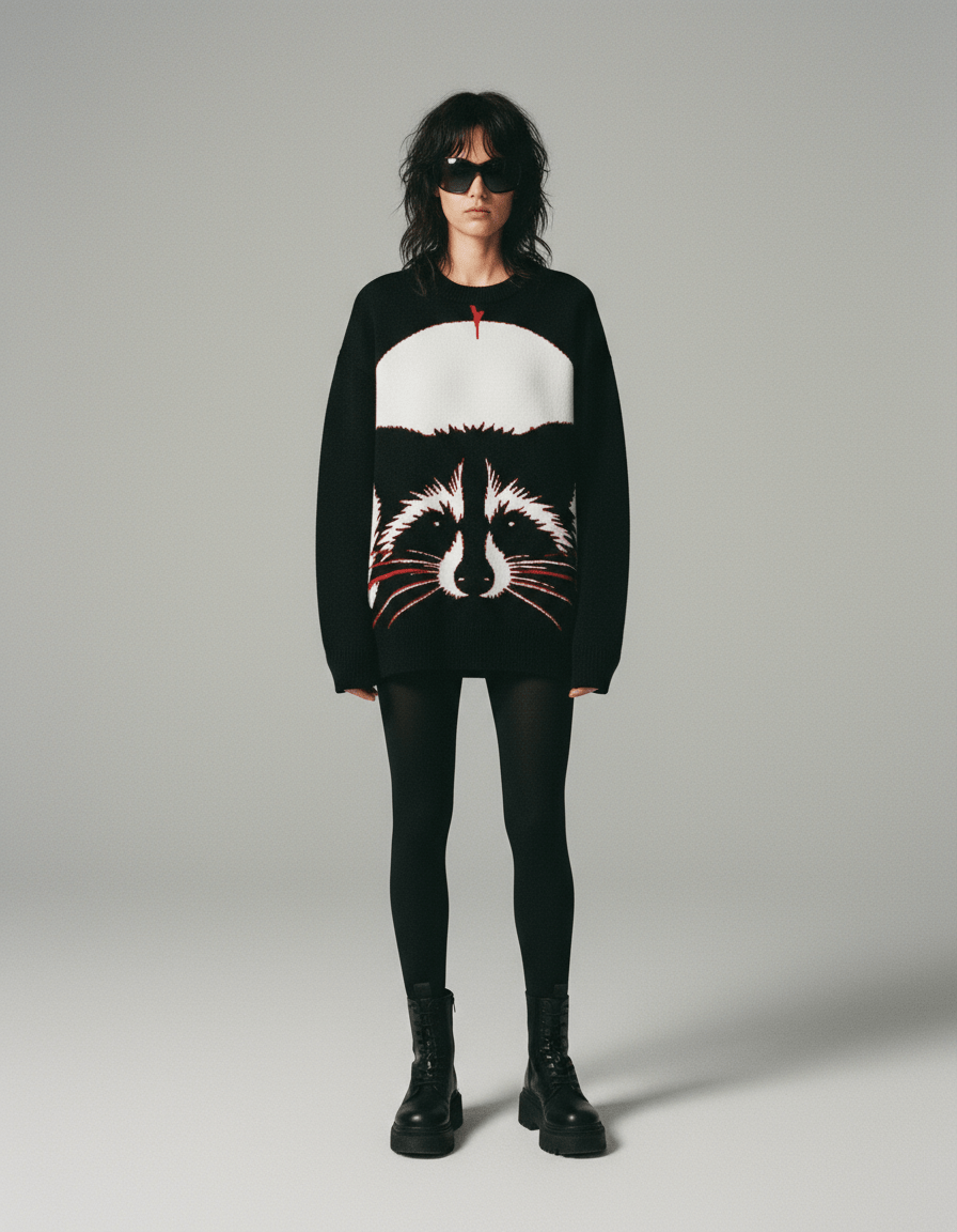Black oversized knit sweater with white and red raccoon face graphic