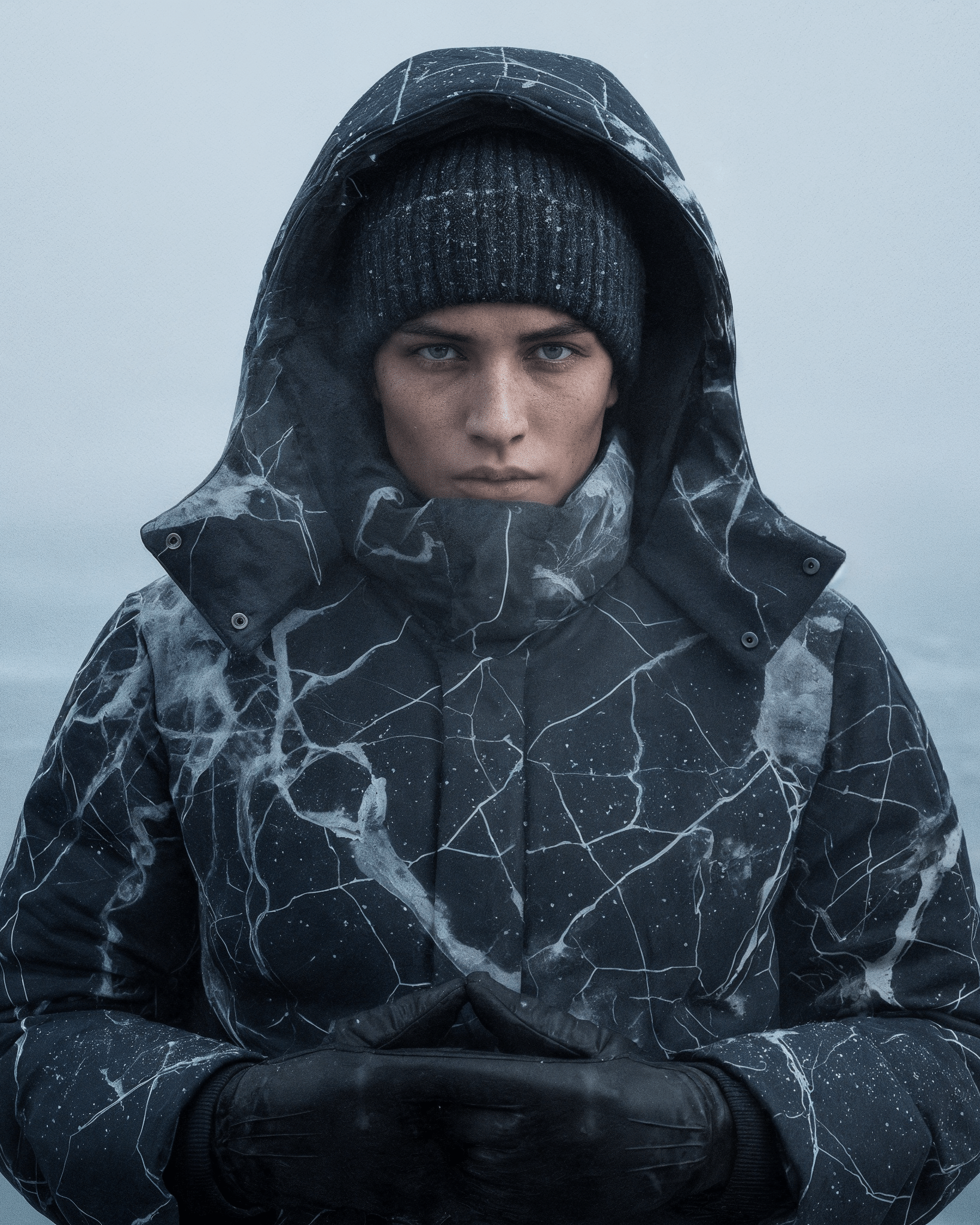 SHATTERED by Riffhaus -Unisex Long Down Jacket - Aurora Frozen Riff
