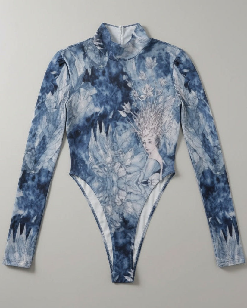 SNOW QUEEN - Women's Turtleneck Long Sleeve Highcut Jumpsuit - Frozen Aurora Riff