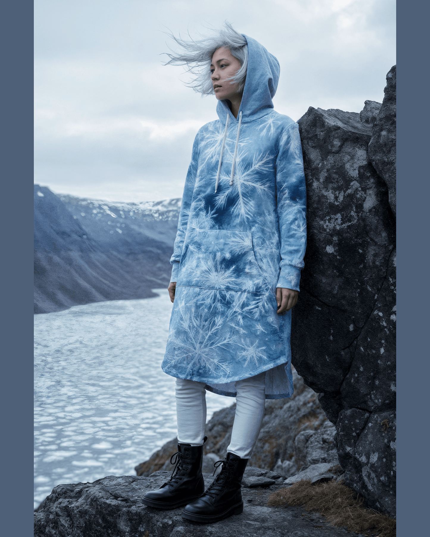 SNOWFLAKE by Rifhaus - Women's Longline Hoodie Dress - Aurora Frozen Riff