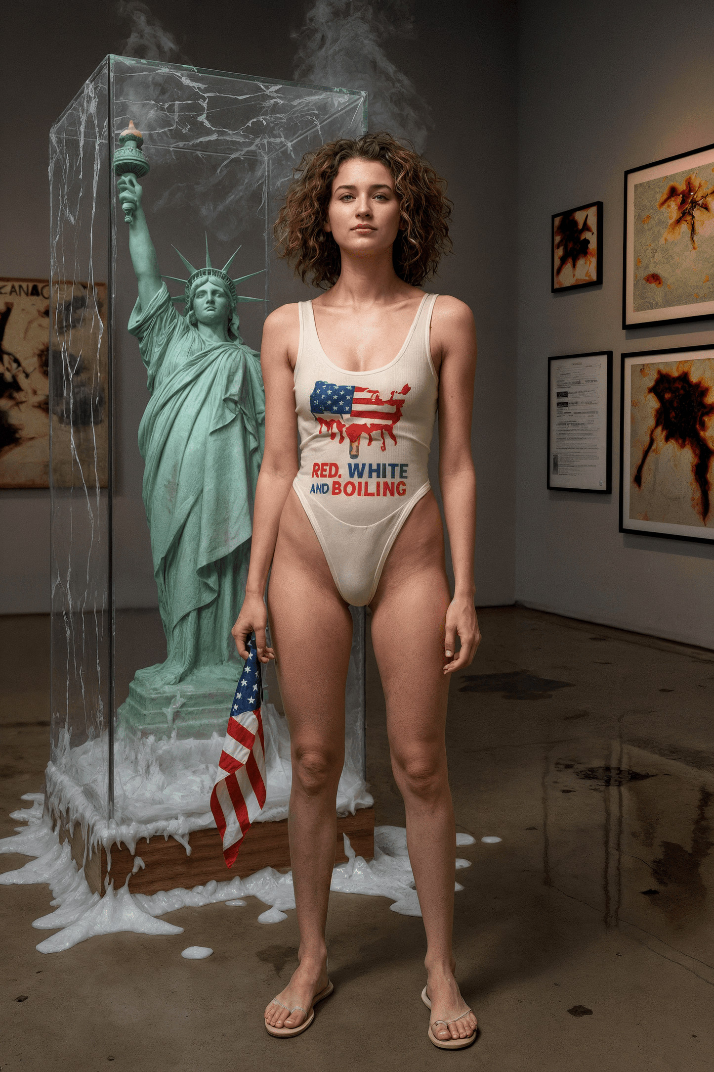 BOILING by Riffhaus - Women's High Cut One-Piece Swimsuit with Patriotic Global Warming Print (Rebellious)
