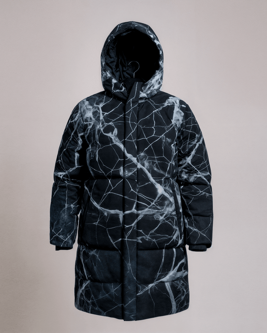 SHATTERED by Riffhaus -Unisex Long Down Jacket - Aurora Frozen Riff