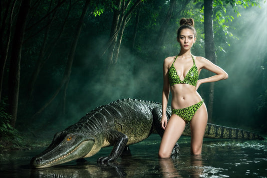 A woman in a structured neon green crocodile-print bikini stands confidently beside a large crocodile in a surreal jungle setting, surrounded by mist and water reflections.
