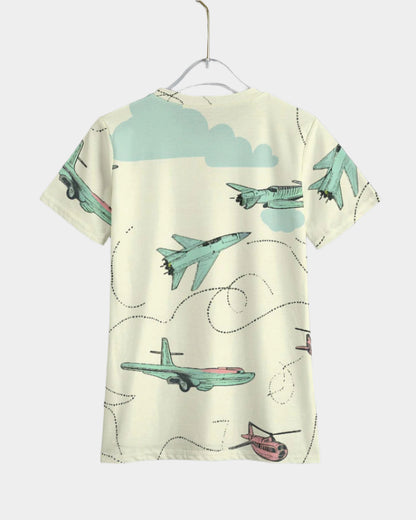 Eco-friendly Kids Short Sleeve T-Shirt by Riff Haus with Airplane Retro Wave Print
