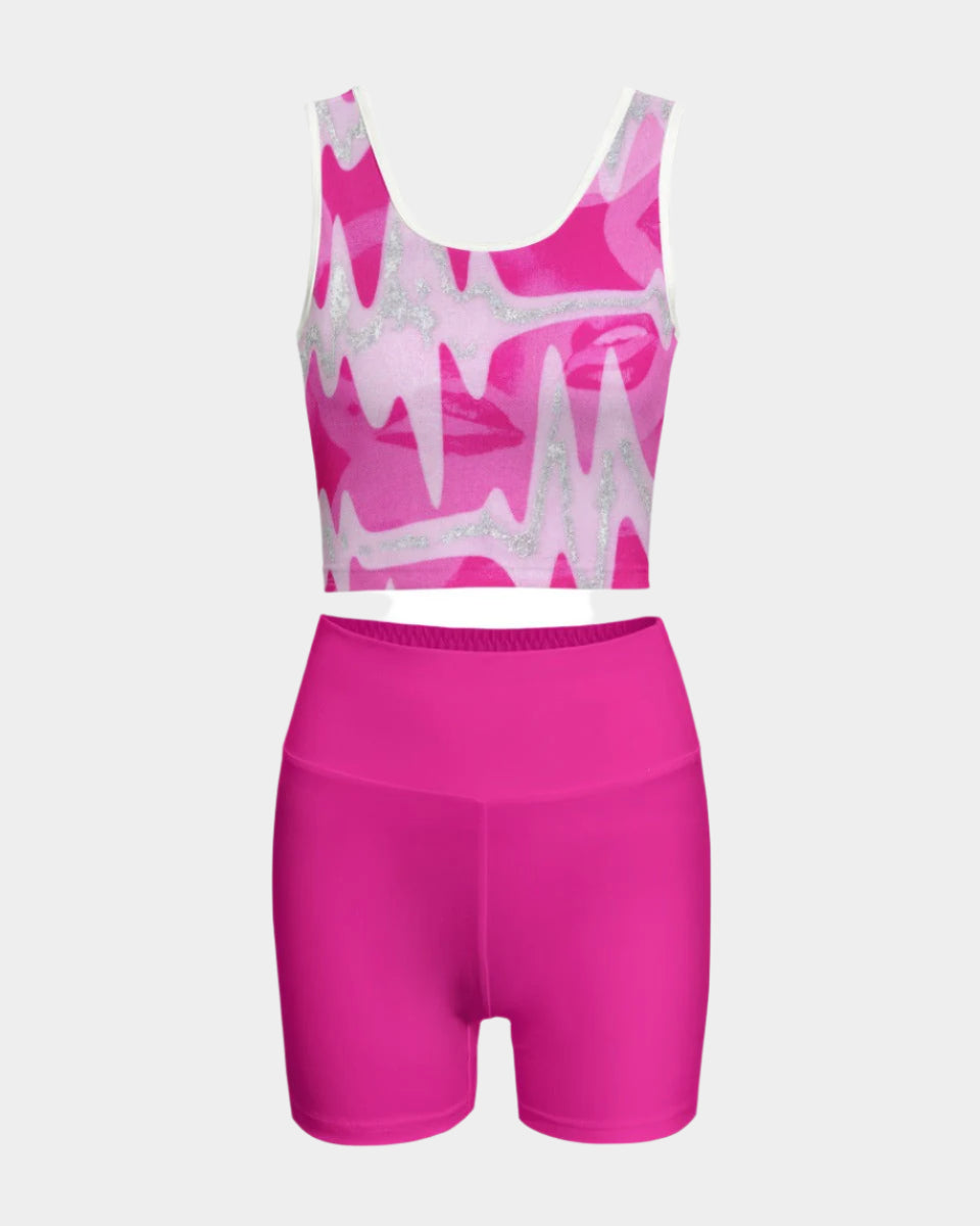 Riff Haus Women's Yoga Set - Pink Energy Sofi Tukker Print with High Waist & Stretch Fabric