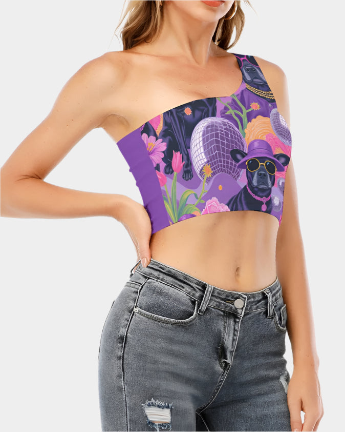 Riff Haus Women's One-Shoulder Cropped Top with Tropic Pop Pug Print | Fashionable & Comfortable