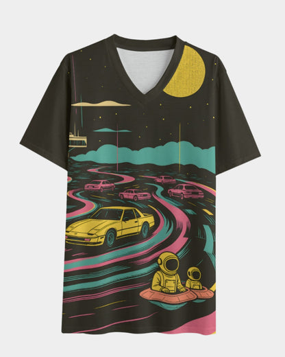 Riff Haus Eco-Friendly Men's V-Neck Galaxy Print T-Shirt, rPET Fabric, Relaxed Fit