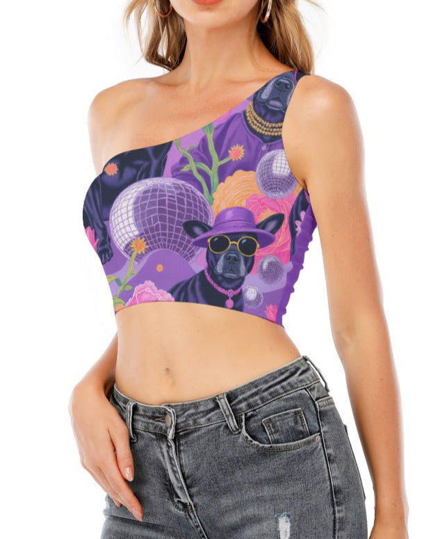 Riff Haus Women's One-Shoulder Cropped Top with Tropic Pop Pug Print | Fashionable & Comfortable