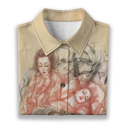 Riff Haus Women's Slub Cotton Shirt | Regular Fit | Sad Woman Abstract Art Print