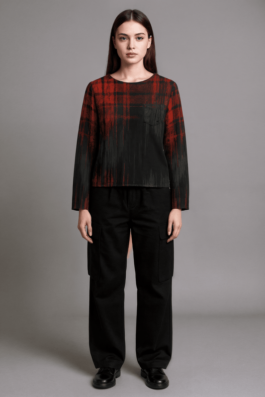 PLAID COLLAPSED RED by Riffhaus – Boat Neckline Heavy Cotton Sweatshirt with Chest Pocket | Unisex Grunge Plaid Streetwear - Sofia Isella Riff