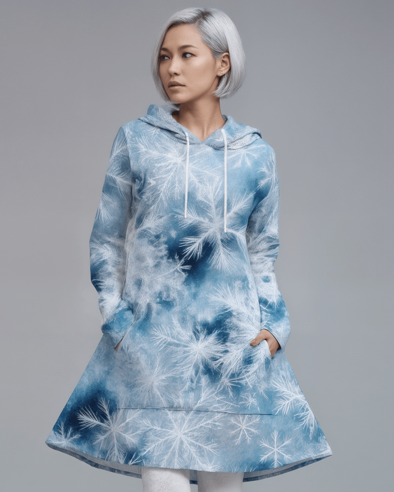 SNOW FLAKE by Riffhaus -  Women's Longline Hoodie Dress - Aurora Frozen Riff
