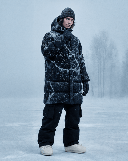 SHATTERED by Riffhaus -Unisex Long Down Jacket - Aurora Frozen Riff