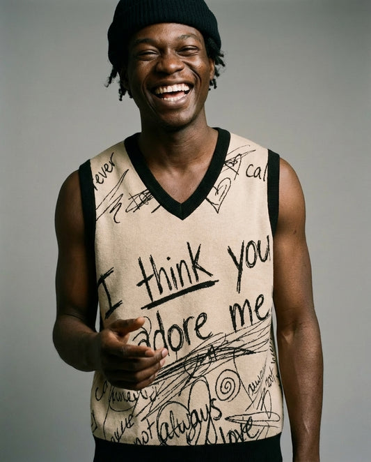 Taupe sleeveless V-neck vest front featuring I think you adore me handwritten print and doodles