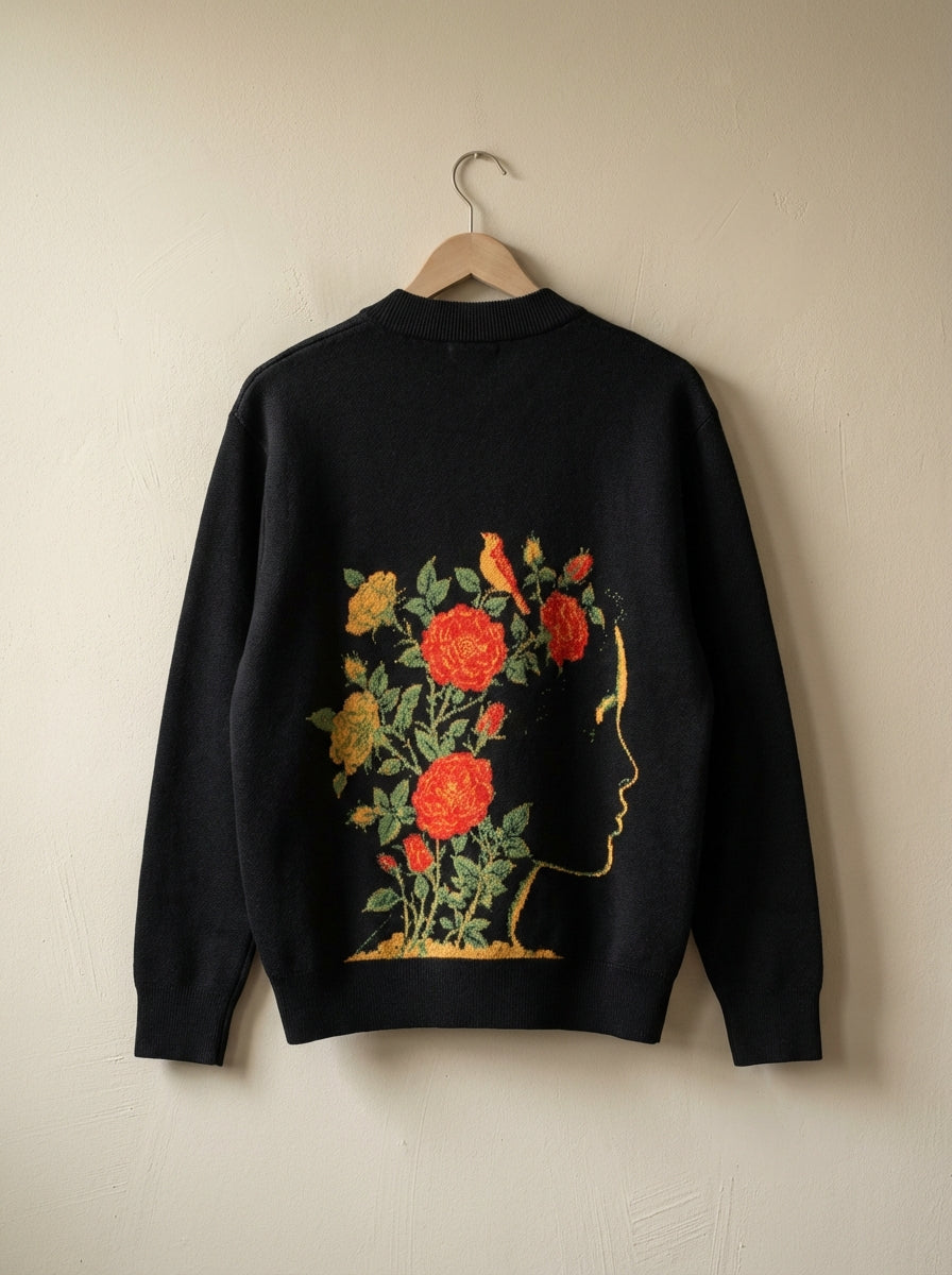 Back of black cardigan featuring gold silhouette with red and yellow roses