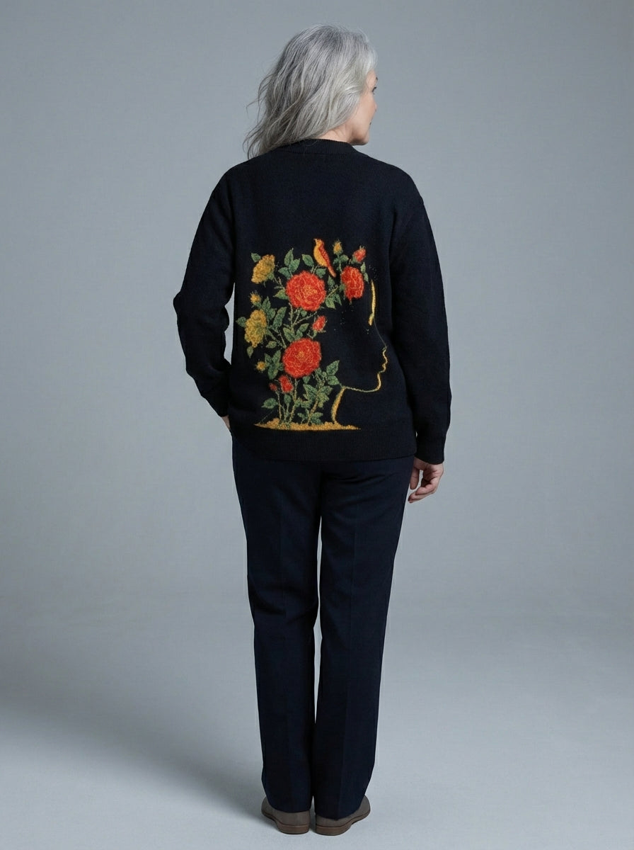 Model wearing black cardigan with large back graphic of silhouette and flowers