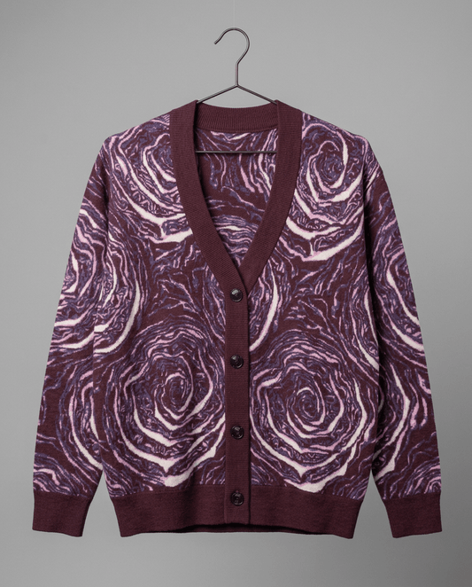 Maroon cabbage pattern jacquard cardigan flat lay with ribbed trim and buttons
