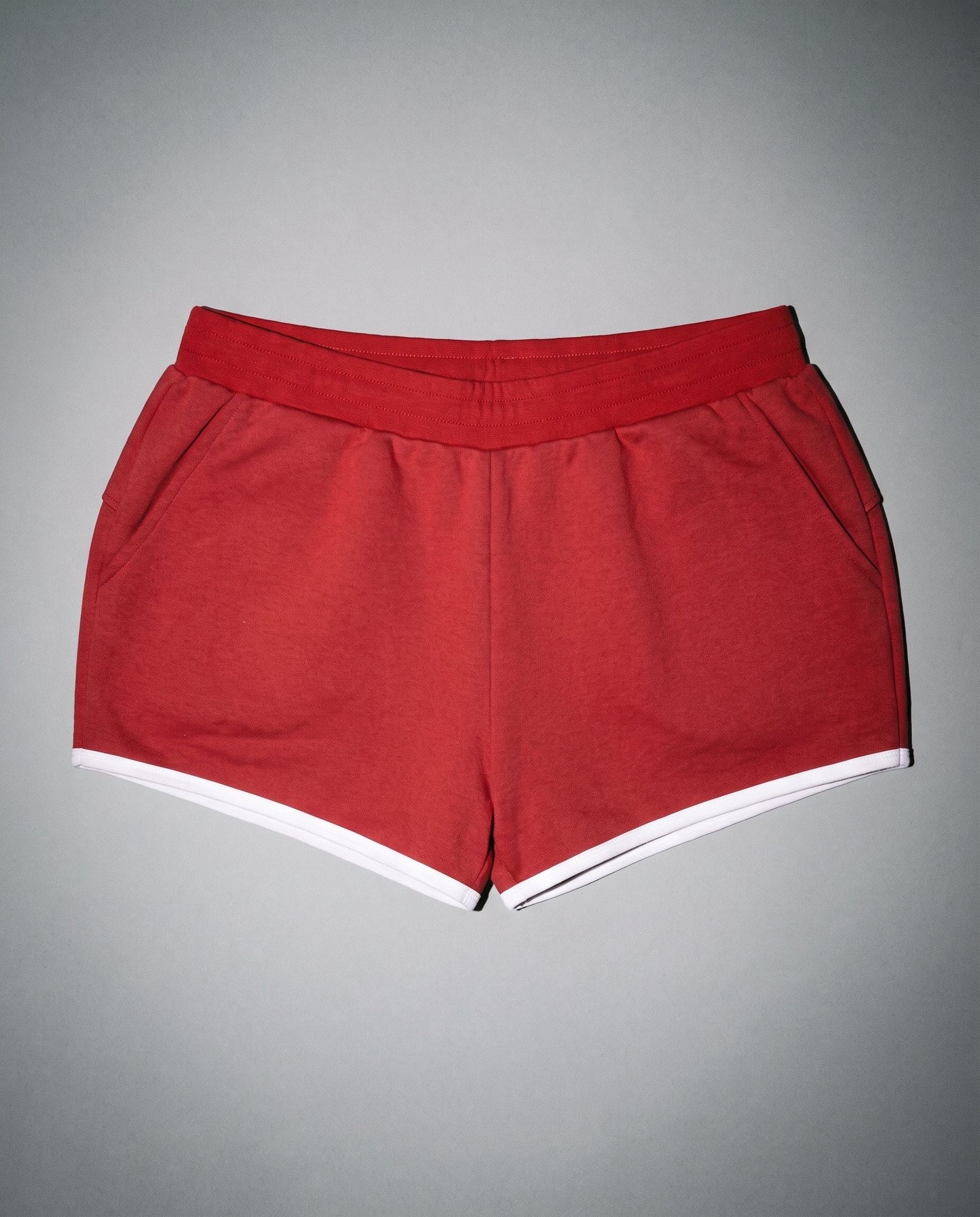 Red heathered stretch shorts with side pockets and white contrast hem front view