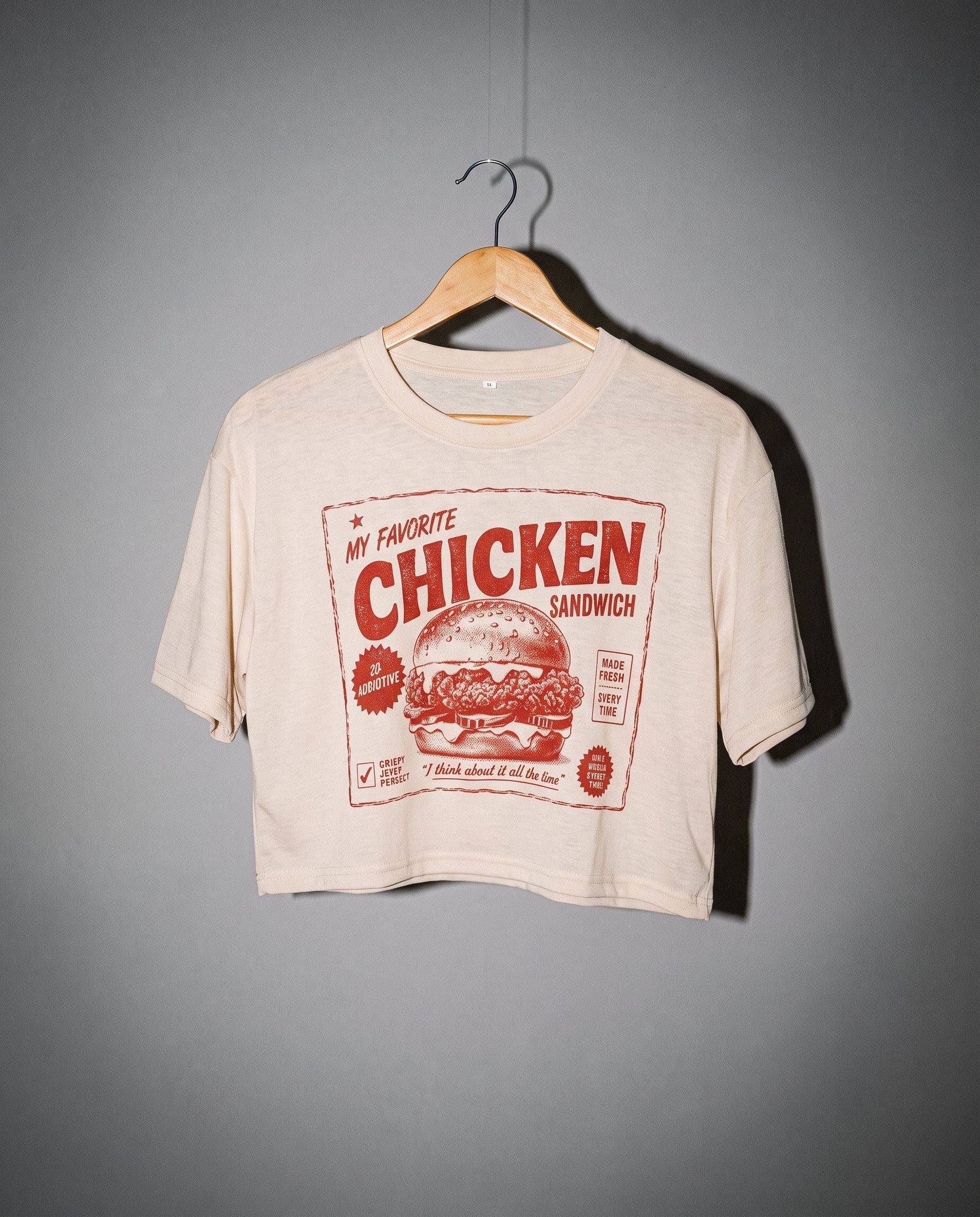 Cream cotton crop top featuring MY FAVORITE CHICKEN SANDWICH red print front view
