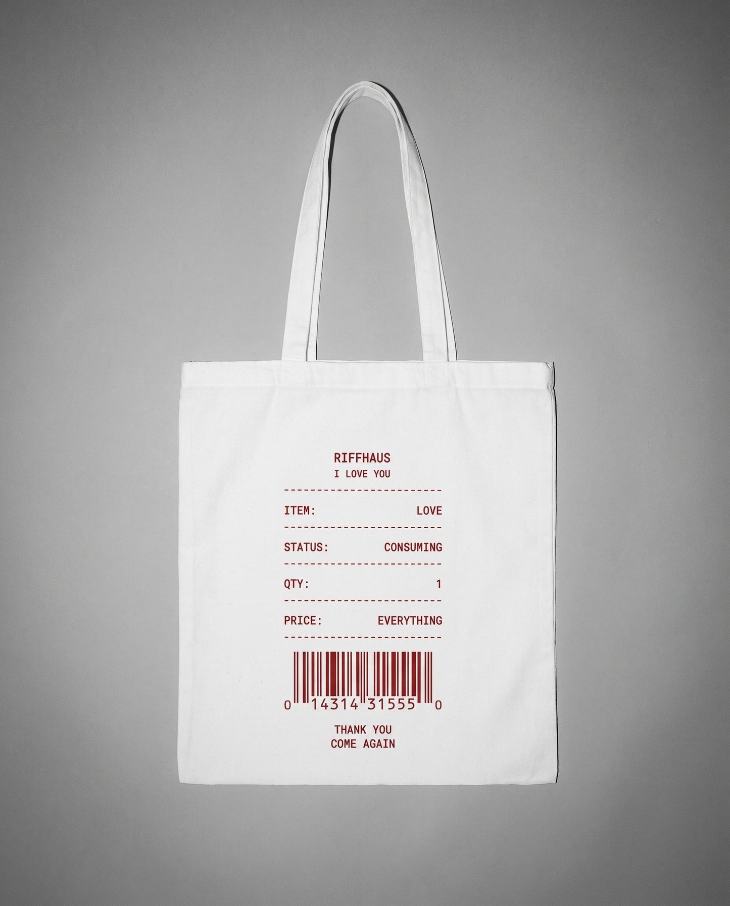 White canvas tote bag with maroon receipt print and 'Come Again' text