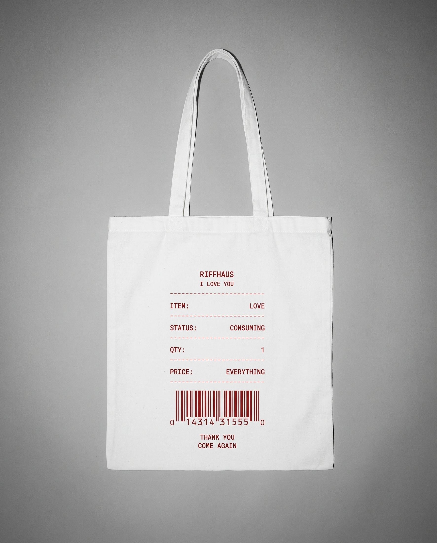 White canvas tote bag with maroon receipt print and 'Come Again' text