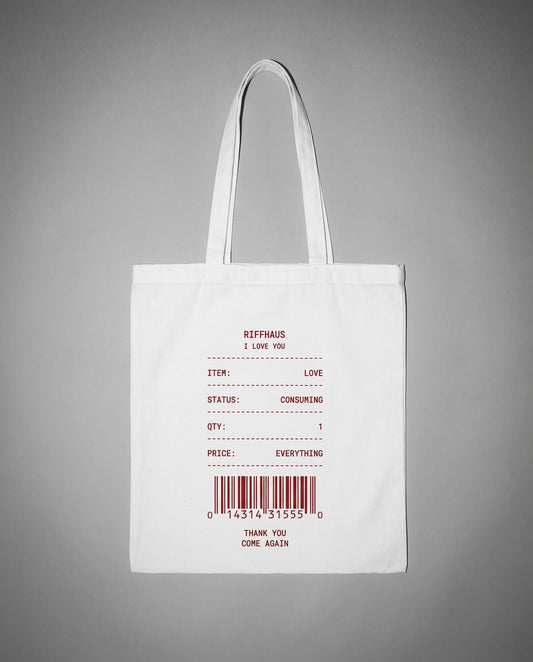 White canvas tote bag with maroon receipt print and 'Come Again' text