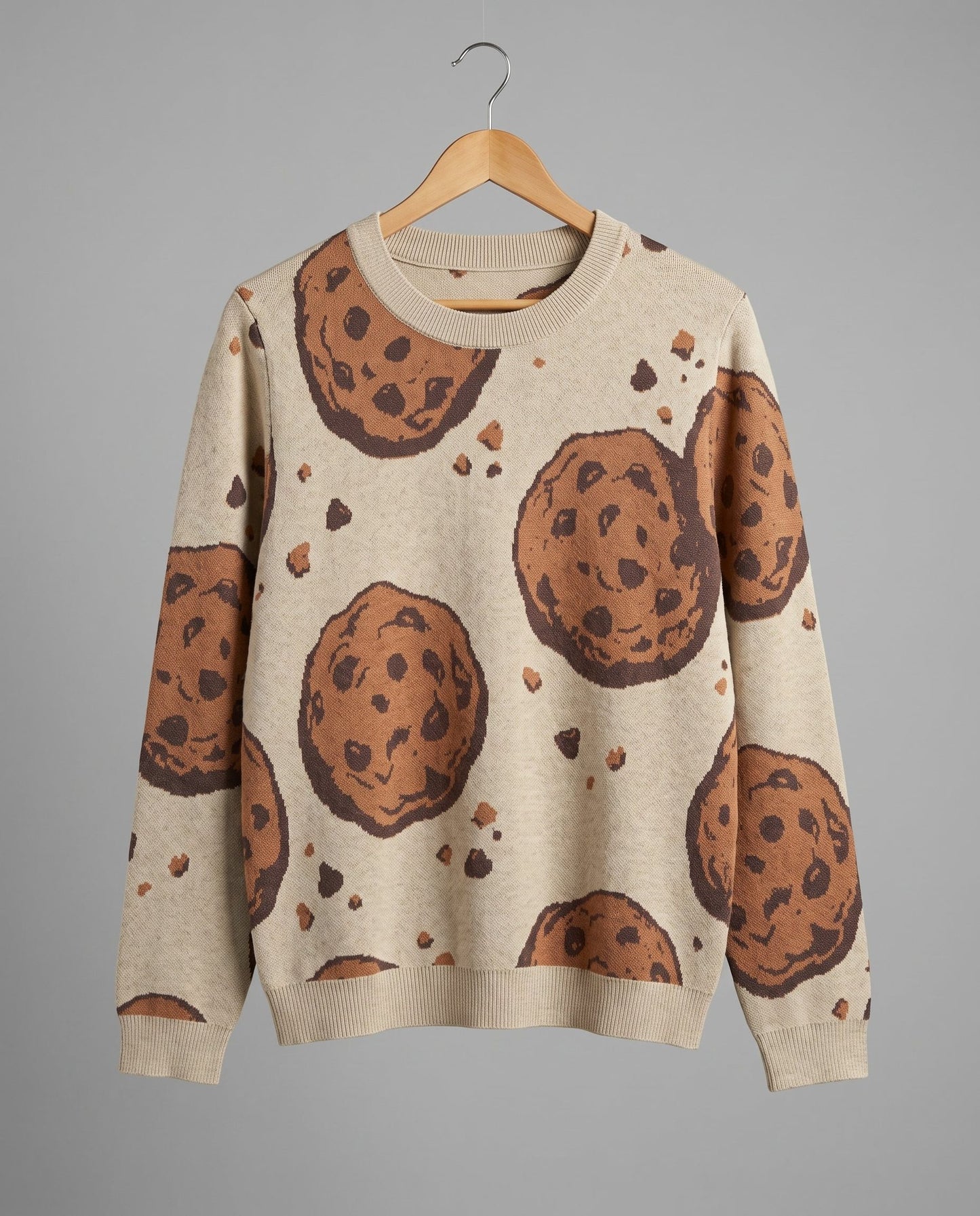 Beige ribbed knit sweater with chocolate chip cookie print pattern