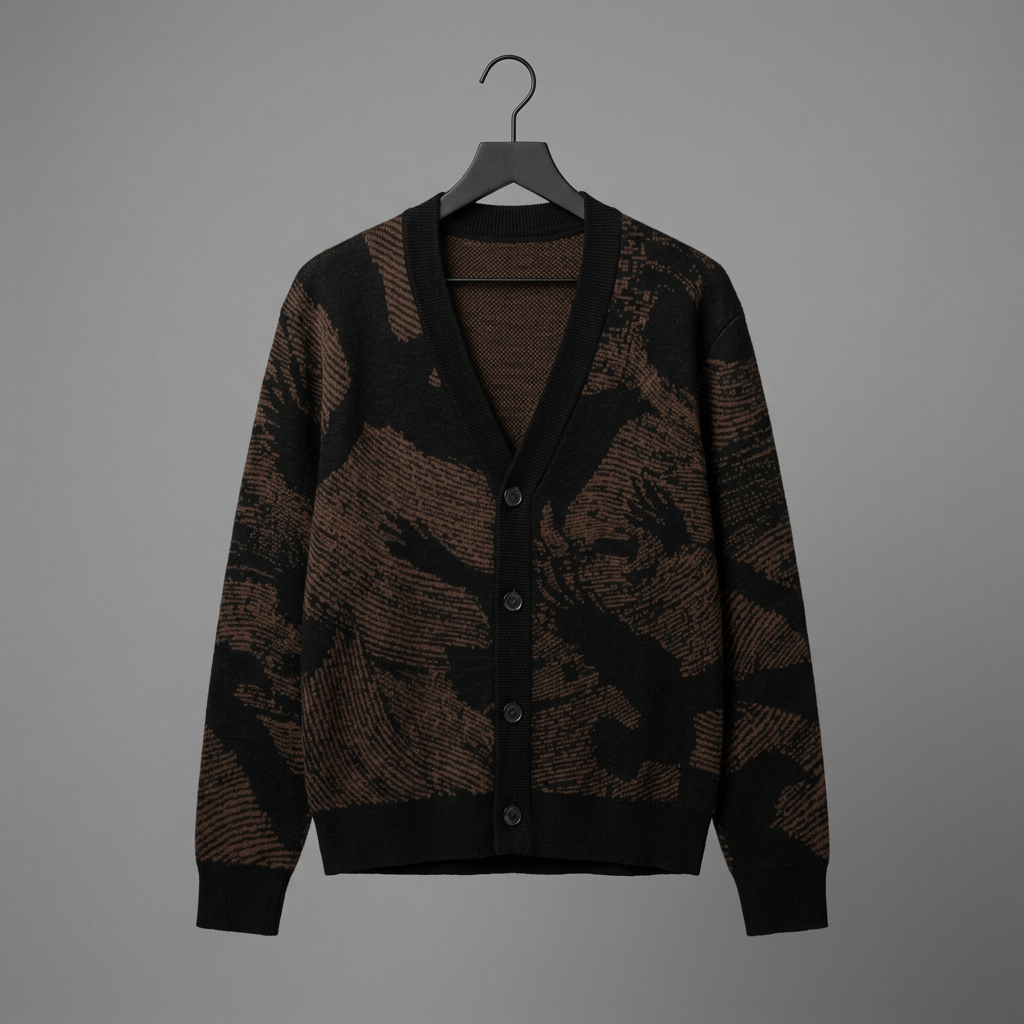 Knit cardigan on hanger showing V-neck closure and speckled crow pattern