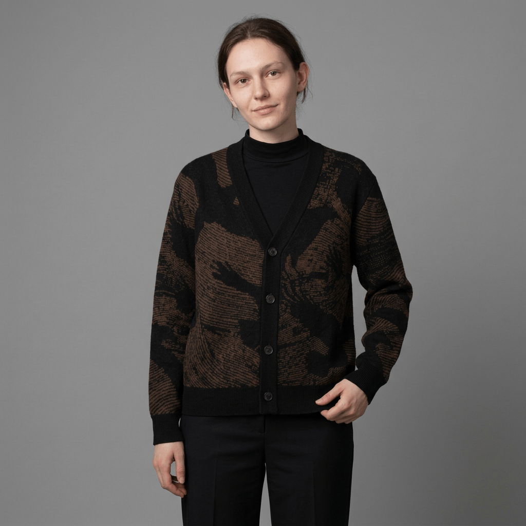 Relaxed fit knit cardigan with V-neck, buttons, and emerging crow silhouettes