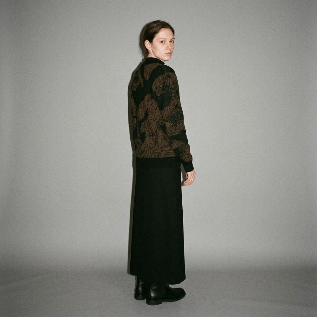 Profile view of relaxed knit cardigan with large crow silhouettes and ribbed cuffs