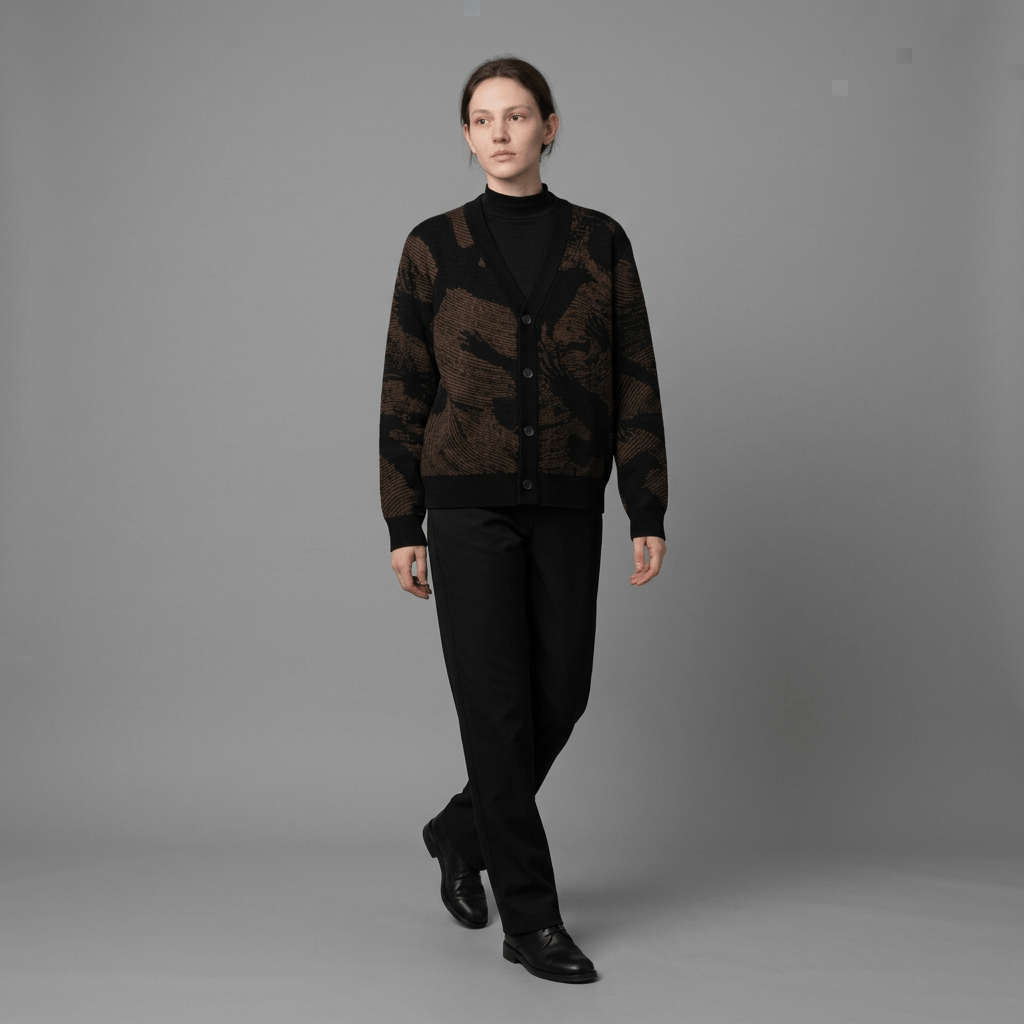Model wearing dark earth tone knit cardigan with crow prints styled over turtleneck