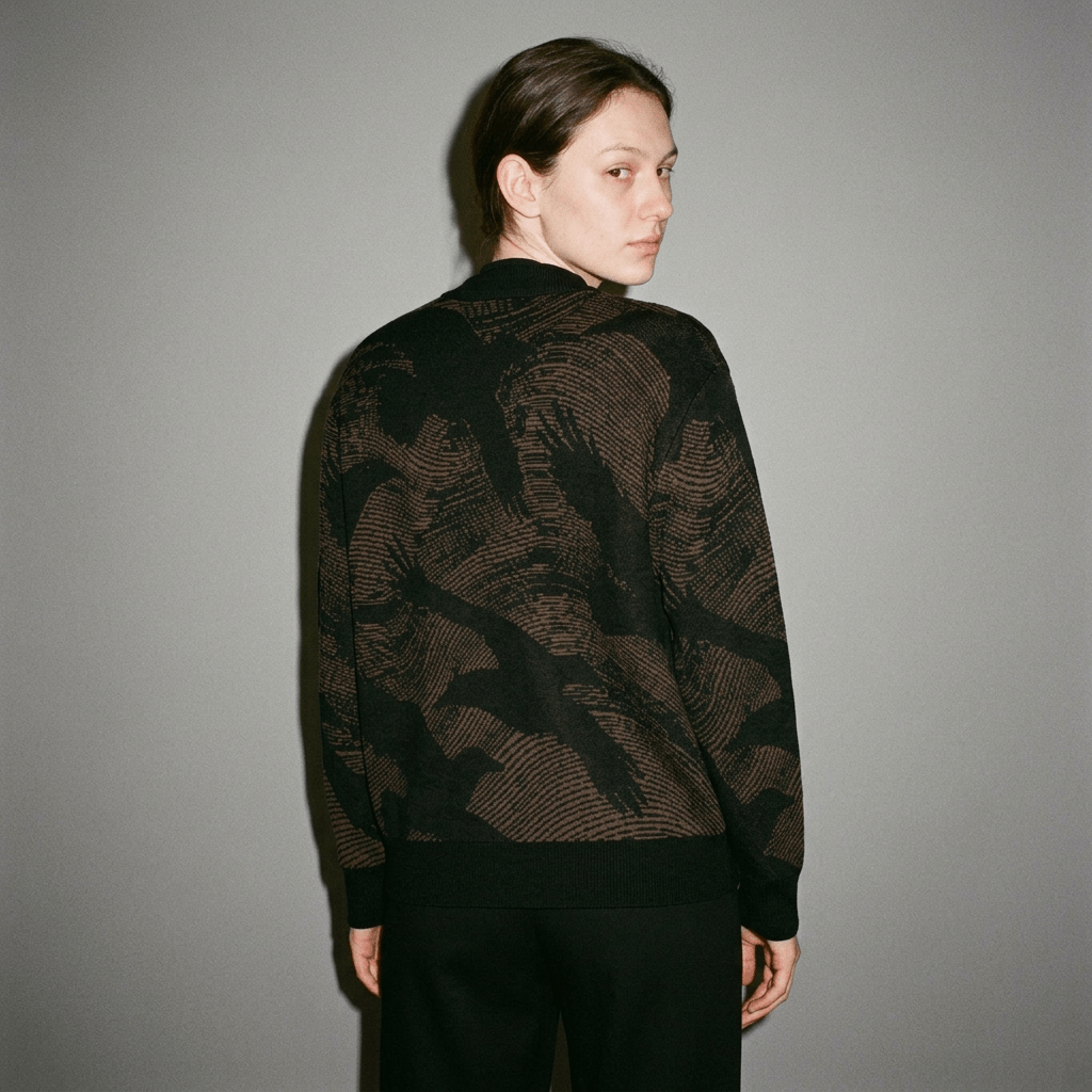 Back view of unisex knit cardigan with crow silhouette print and black rib trim