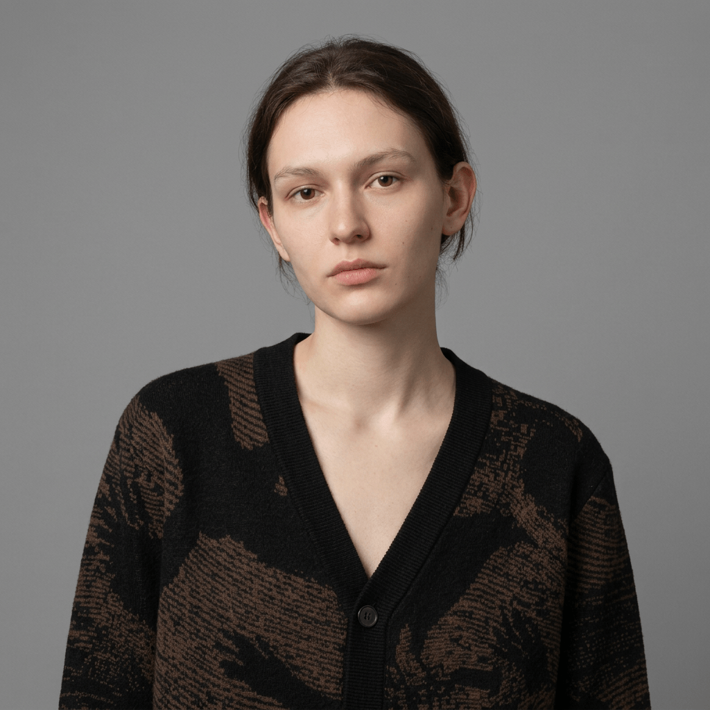 Close-up of knit cardigan fabric texture and detailed crow silhouette pattern