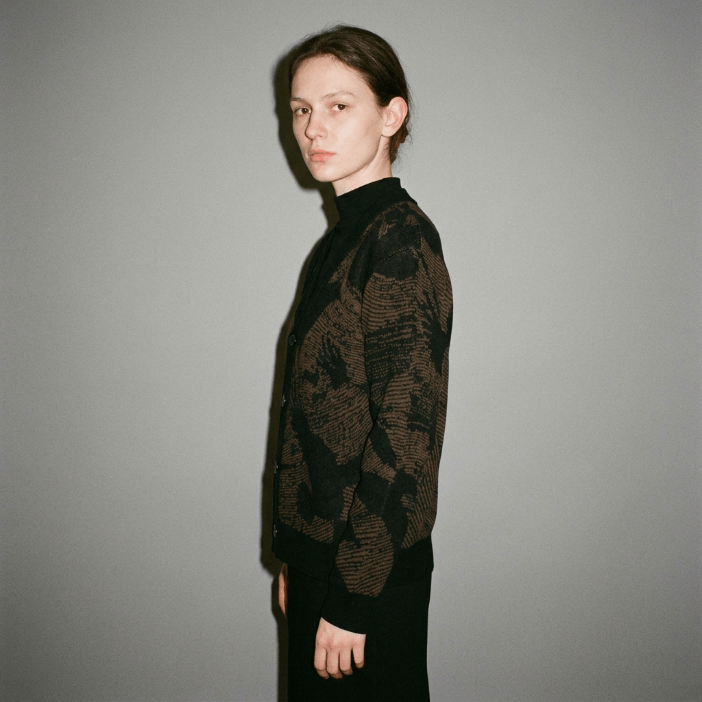 Side profile of open V-neck knit cardigan featuring abstract bird pattern