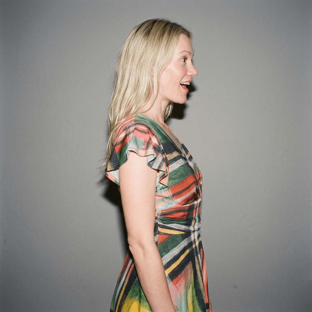 Side view of plaid midi dress showing fluid drape and gathered waist