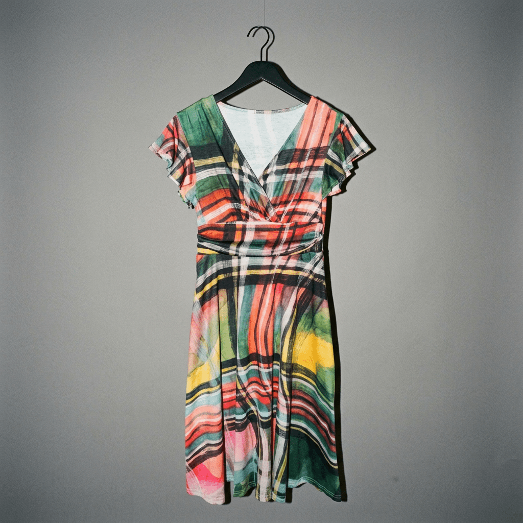 Front view of hanging plaid midi dress with defined waist and A-line skirt