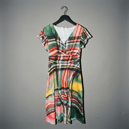 Front view of hanging plaid midi dress with defined waist and A-line skirt