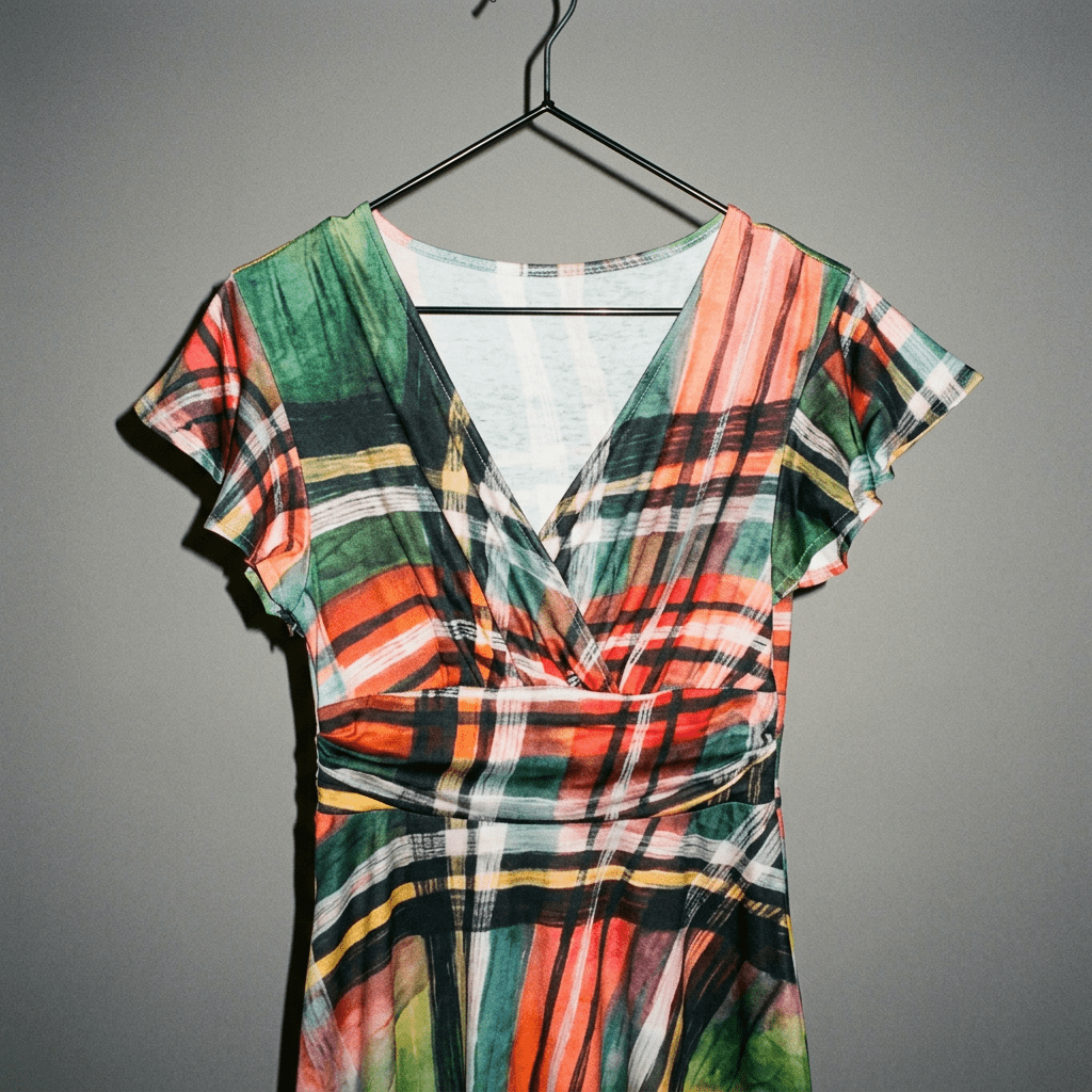 Close up of painterly plaid flutter sleeve dress V-neckline detail